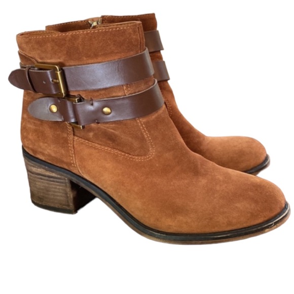 Franco Sarto Linden 2 Brown Suede Leather Buckle Block Heel Ankle Boots Size 7 - Picture 1 of 13